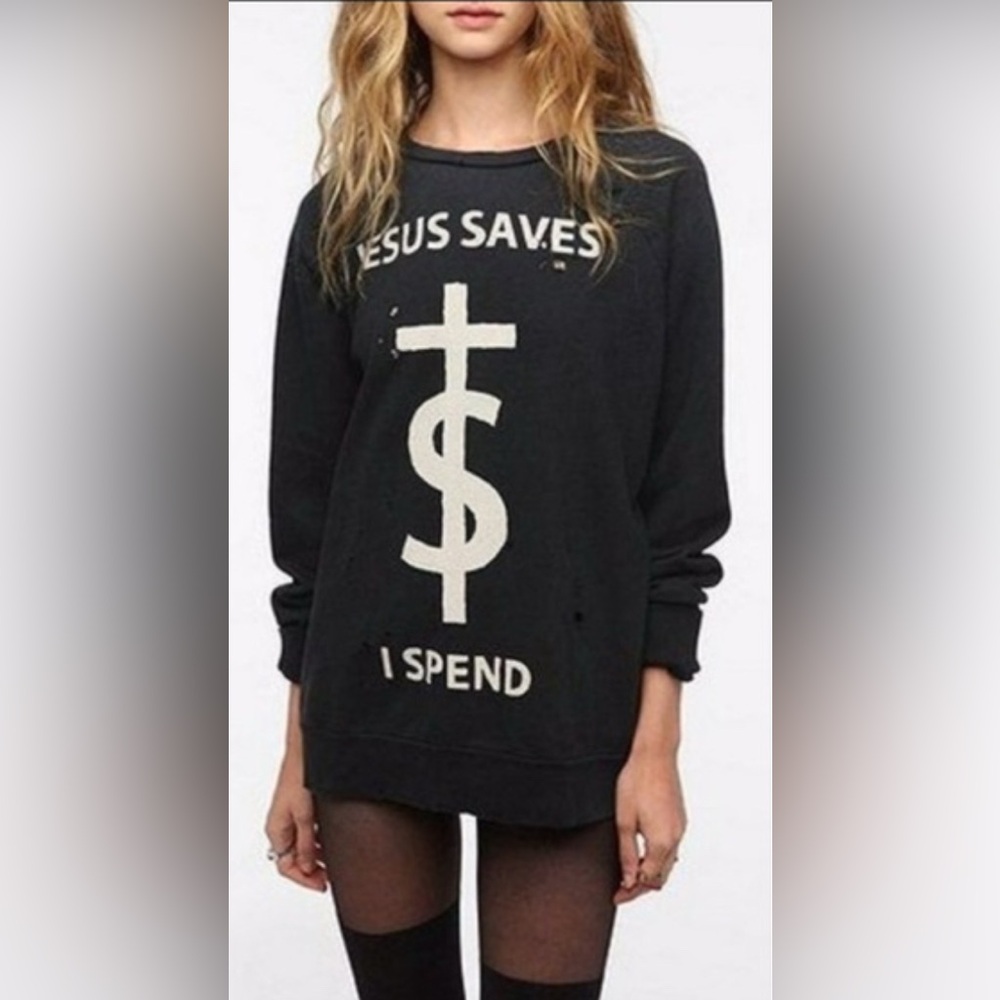 RARE Vintage Unif Jesus Saves I Spend Sweatshirt Pullover Top distress style